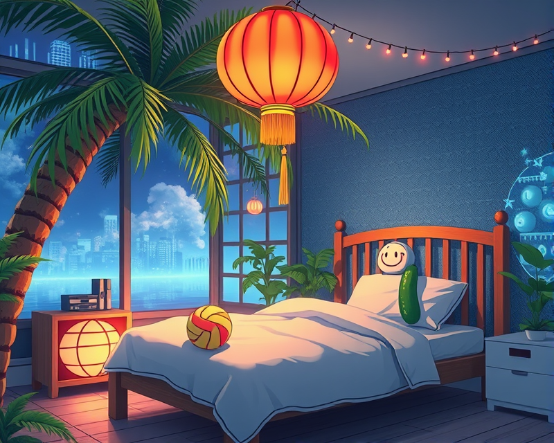 anime, palm tree, bed, cucumber, lantern, volleyball, costume, microphone, noodle